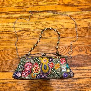 Boho Chic floral sequin satin clutch beaded strap